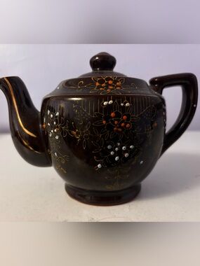 Dark Brown Floral Ceramic Teapot with Gold and White Accents